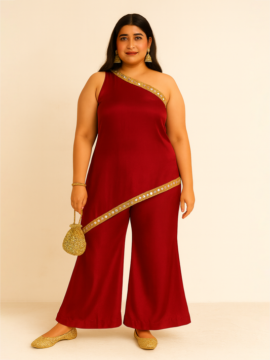 One shoulder Ethnic Set- Red