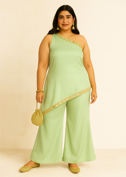 One shoulder Ethnic Set- Sea Green