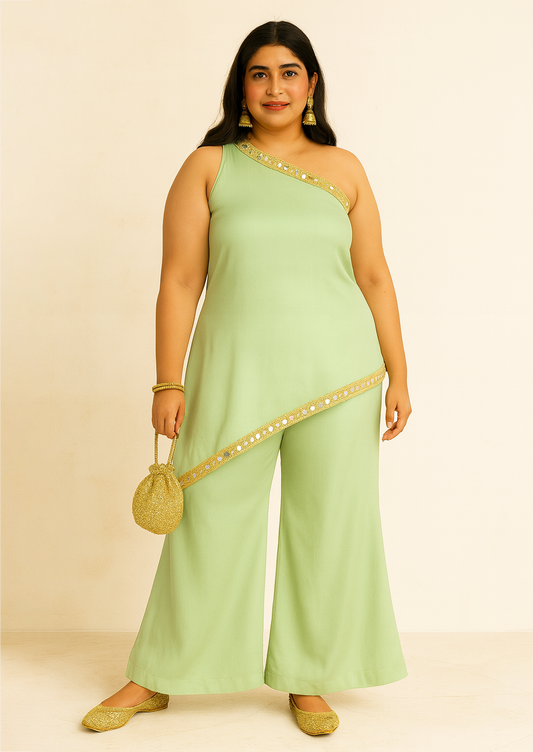 One shoulder Ethnic Set- Sea Green