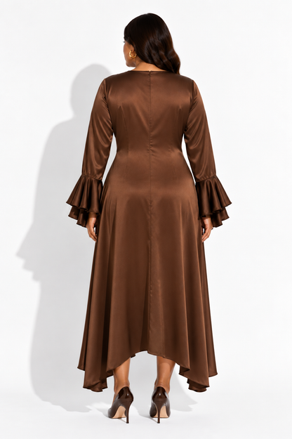 Vesper Satin Flare Dress - Brown