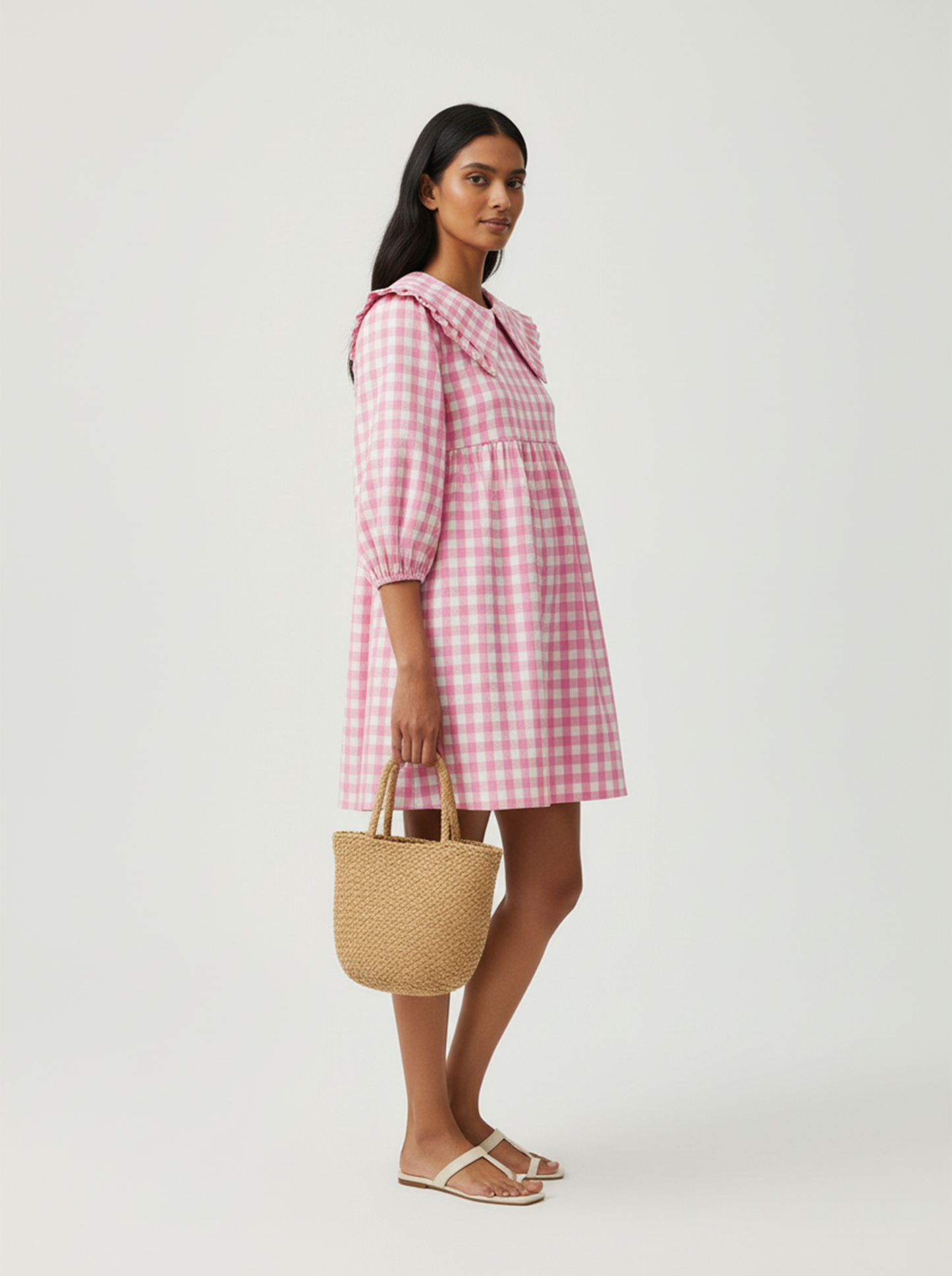 Gingham A Line Short Dress - Pink