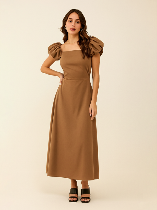 Bella Puff Sleeve A line Dress- Brown