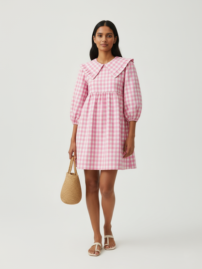 Gingham A Line Short Dress - Pink