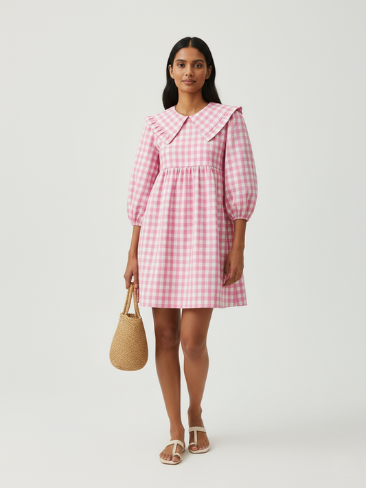Gingham A Line Short Dress - Pink