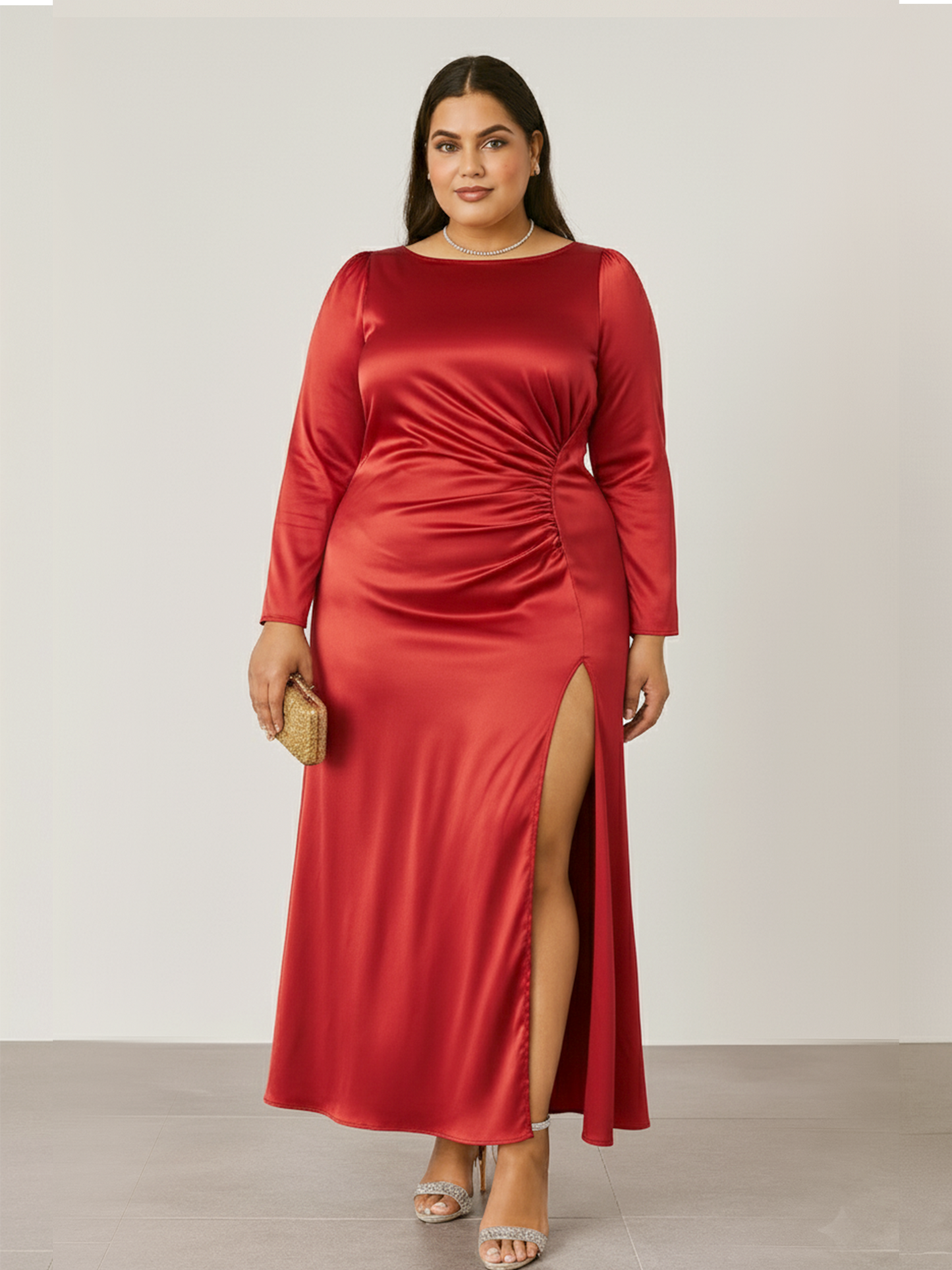 Ilana Gathered Full Sleeves Maxi Dress- Red