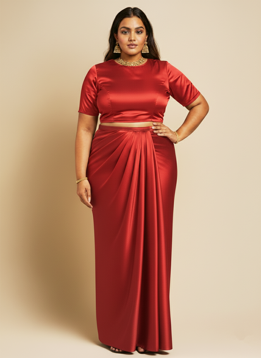 Draped Satin Skirt- Red
