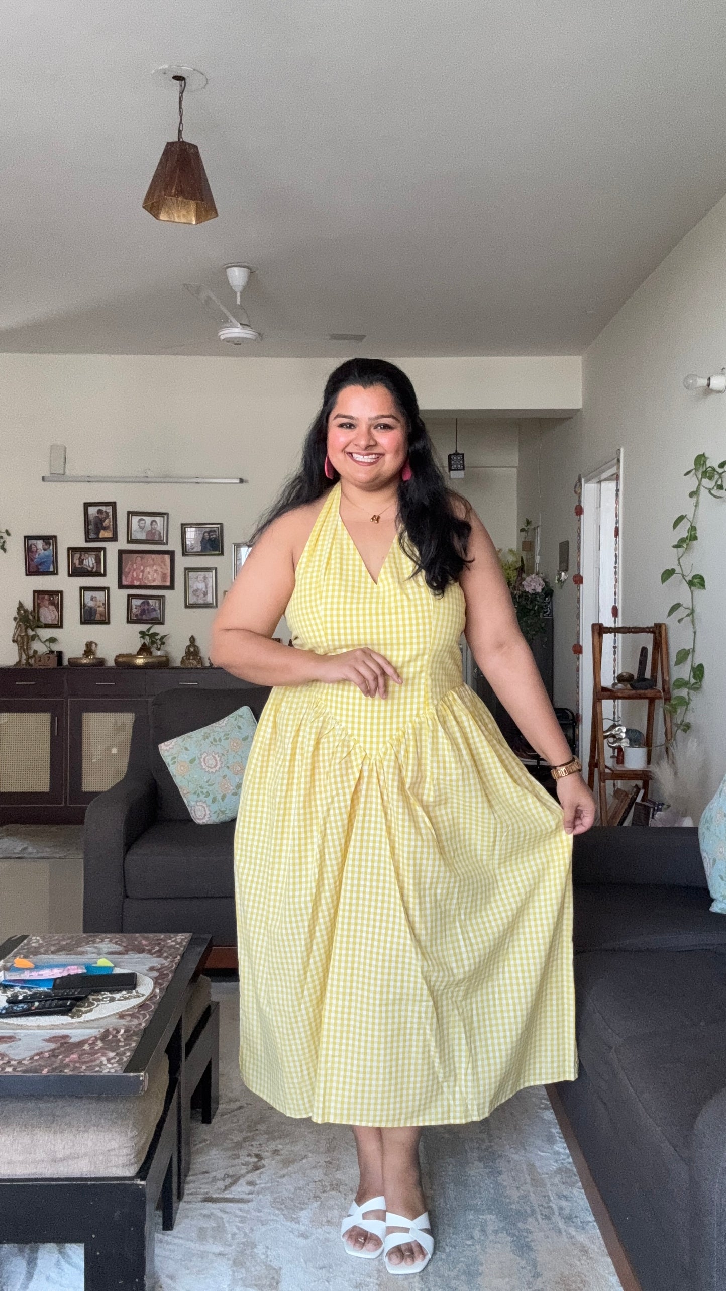 Gingham Gatherd Victoria Dress- Yellow