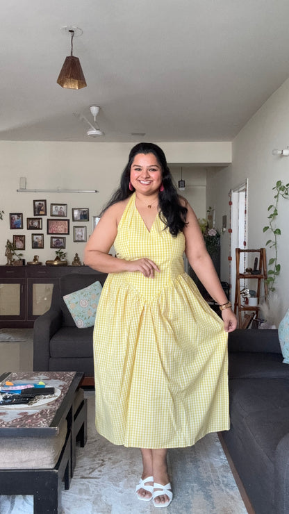 Gingham Gatherd Victoria Dress- Yellow