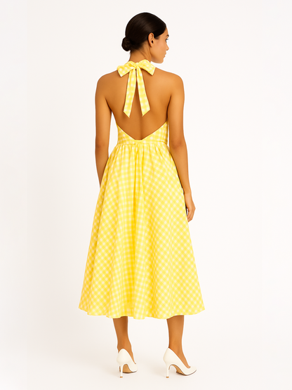 Gingham Gatherd Victoria Dress- Yellow