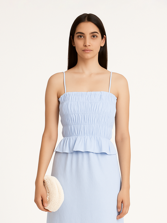 Ruched Noodle Strap Top- Blue