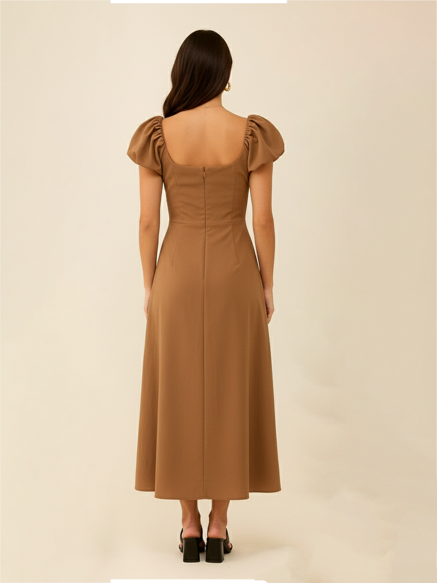 Bella Puff Sleeve A line Dress- Brown