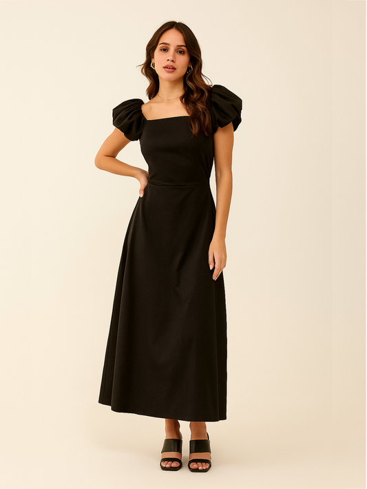 Bella Puff Sleeve A line Dress- Black