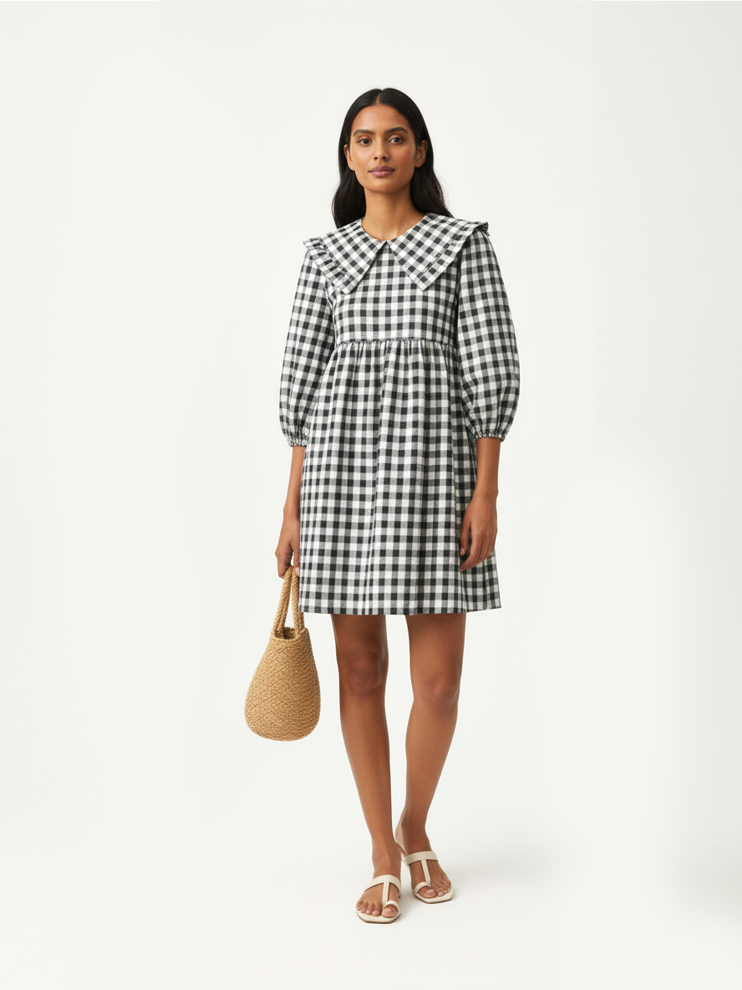 Gingham A Line Short Dress - Black