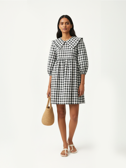Gingham A Line Short Dress - Black
