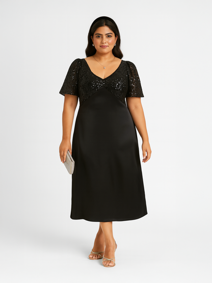 Sequins Satin Maxi Dress Black