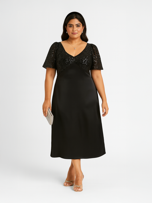 Sequins Satin Maxi Dress Black