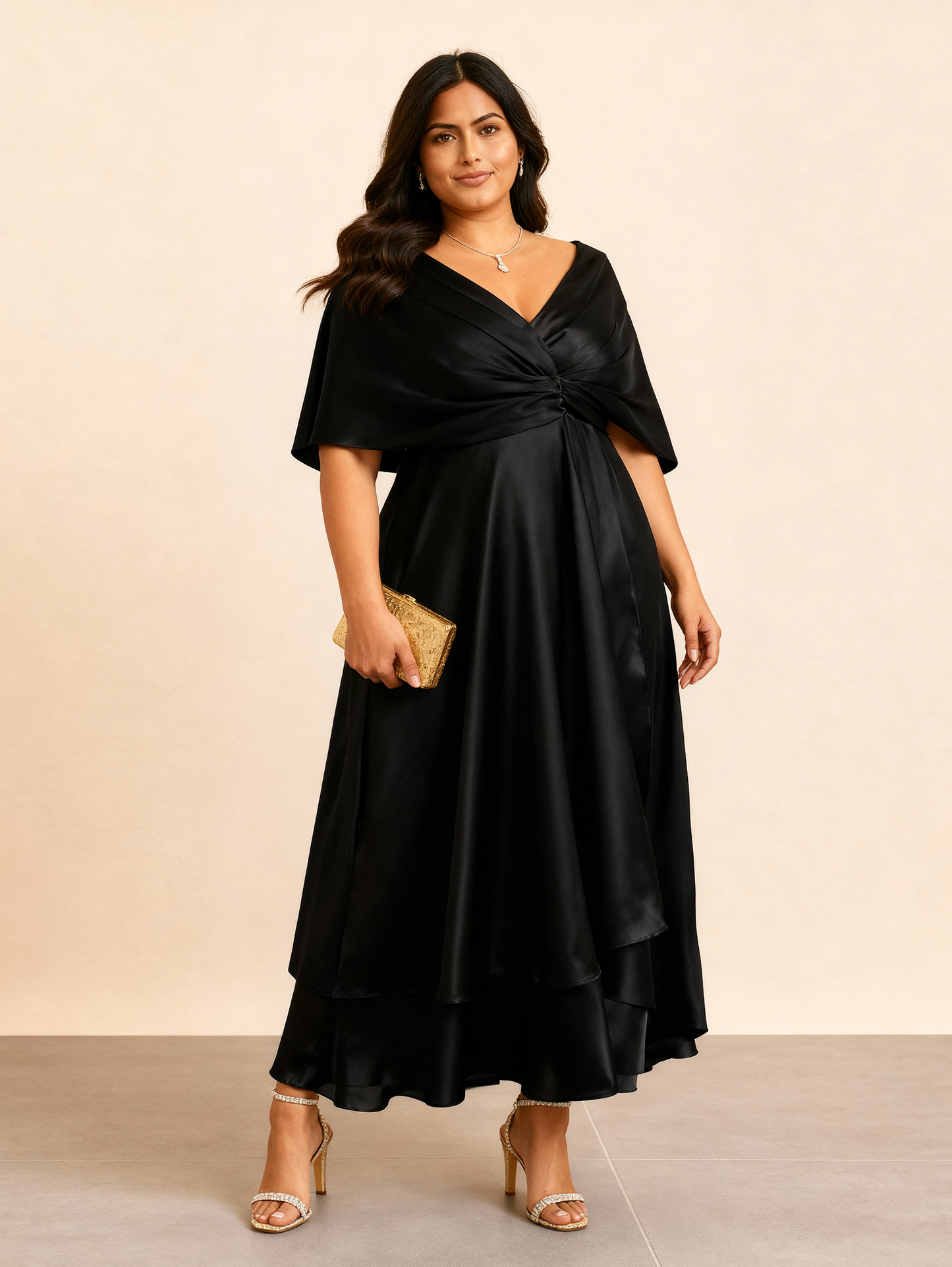Draped Satin Maxi Dress- Black