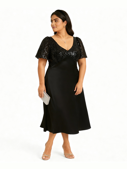 Sequins Satin Maxi Dress Black